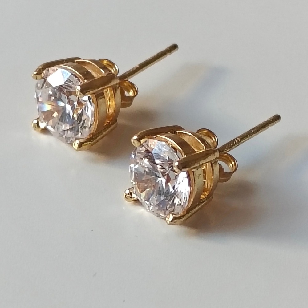 Vintage FAS 925 Sterling Silver Gold Plated Round Clear Stone Stud Earrings 6mm